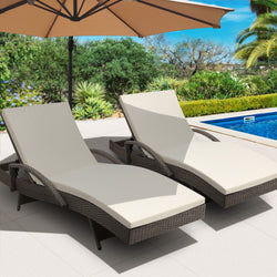 2Pc Adjustable Wicker Beach Chair Patio Lounger Grey&Beige