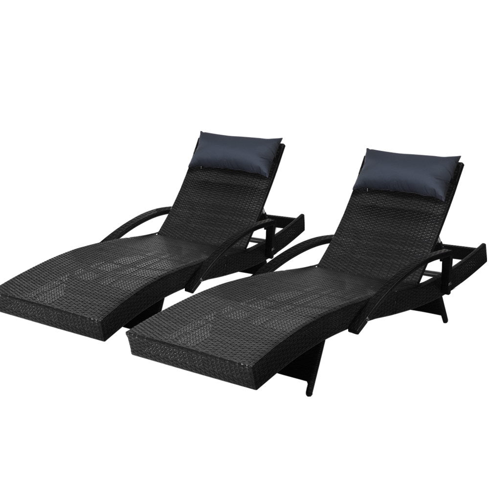 2X Adjustable Wicker Beach Chair Armrest Black