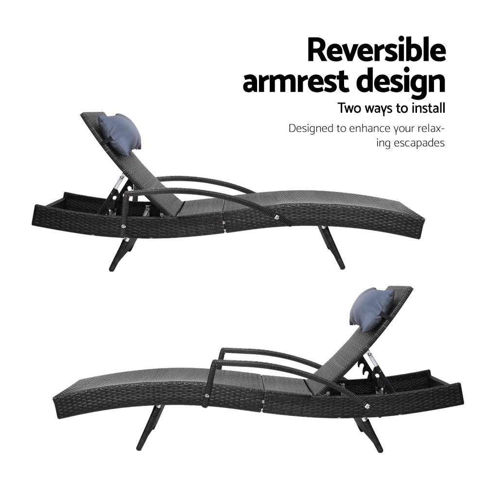 2X Adjustable Wicker Beach Chair Armrest Black