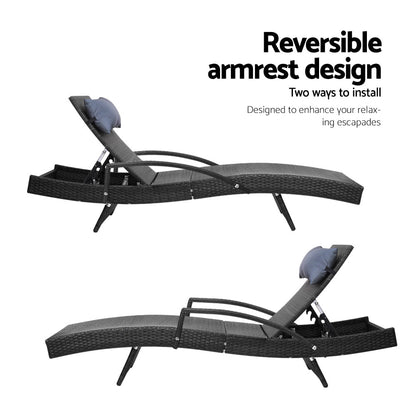 2X Adjustable Wicker Beach Chair Armrest Black