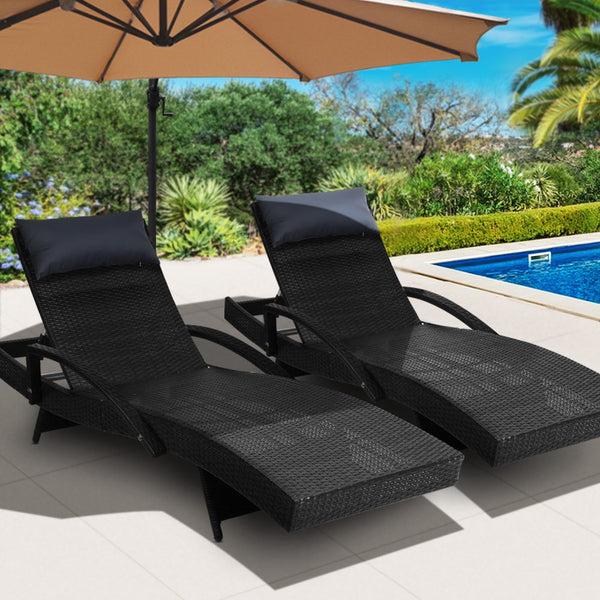  Sun Lounge Outdoor Furniture Wicker Lounger Rattan Day Bed Garden Patio Black