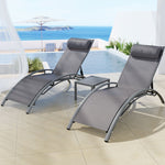 3PC Sun Lounge Outdoor Lounger Steel Table Chairs Patio Furniture Grey