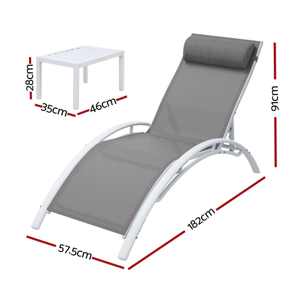 3PC Sun Lounge Outdoor Lounger Table Chairs Steel Patio Furniture Garden
