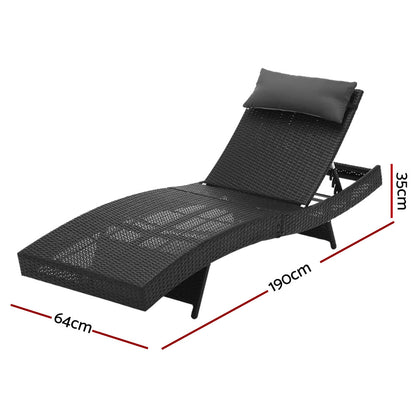 2Pc Adjustable Black Wicker Beach Chair Garden Lounger