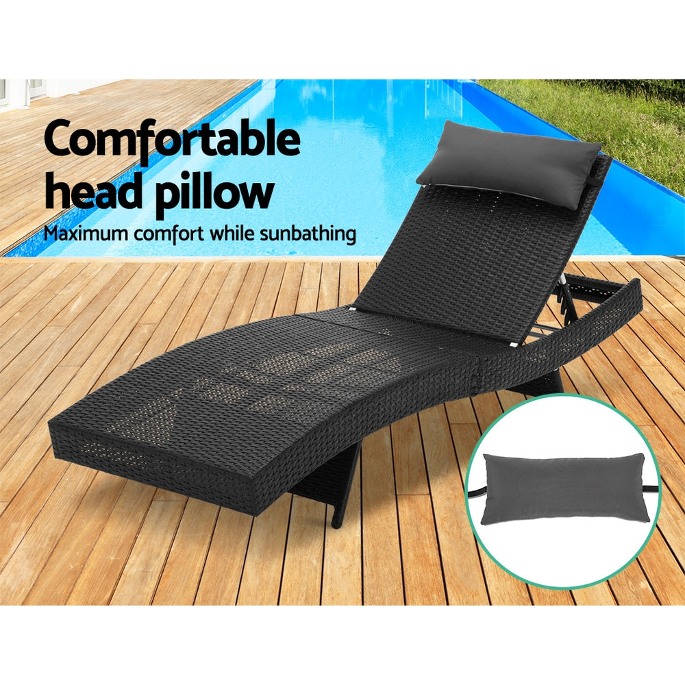 2Pc Adjustable Black Wicker Beach Chair Garden Lounger