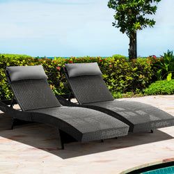2Pc Adjustable Black Wicker Beach Chair Garden Lounger
