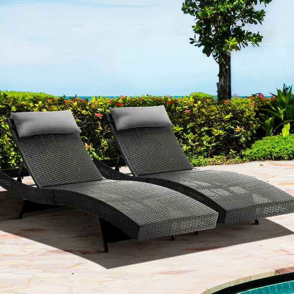  2Pc Adjustable Black Wicker Beach Chair Garden Lounger