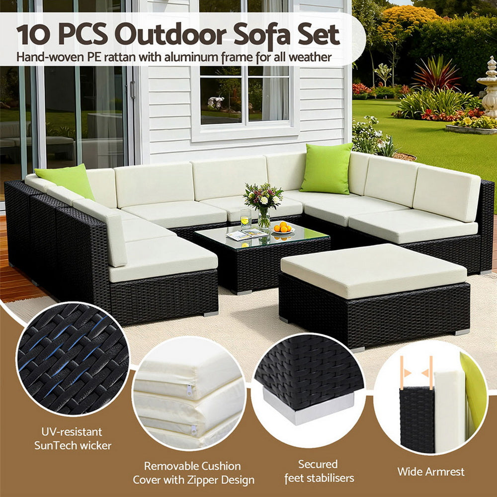 Gardeon 10-Piece Outdoor Sofa Set Wicker Couch Lounge Setting Cover