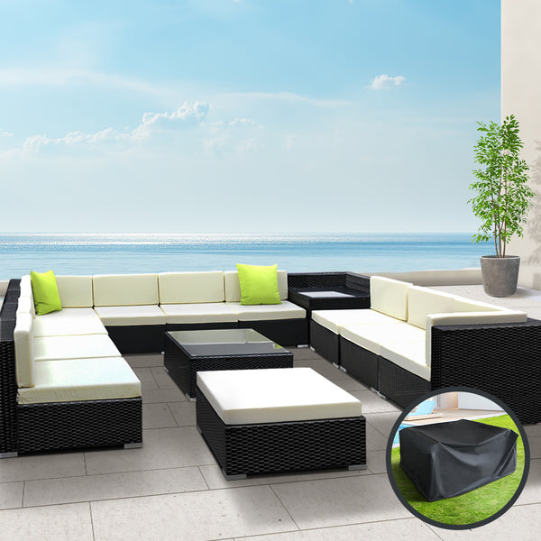  13PC Sofa Set with Storage Cover Outdoor Furniture Wicker