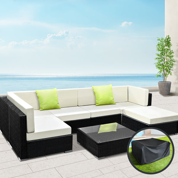  7-Piece Outdoor Sofa Set Wicker Couch Lounge Setting Cover