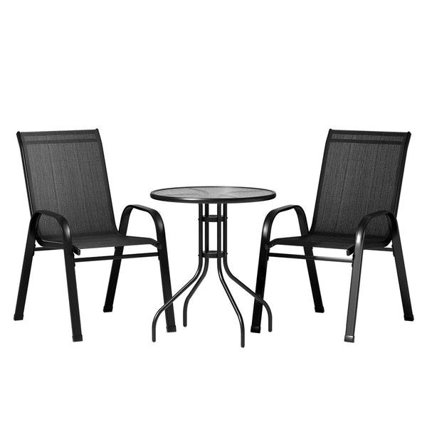  3PC Outdoor Bistro Set Table and Chairs Stackable Patio Furniture Black