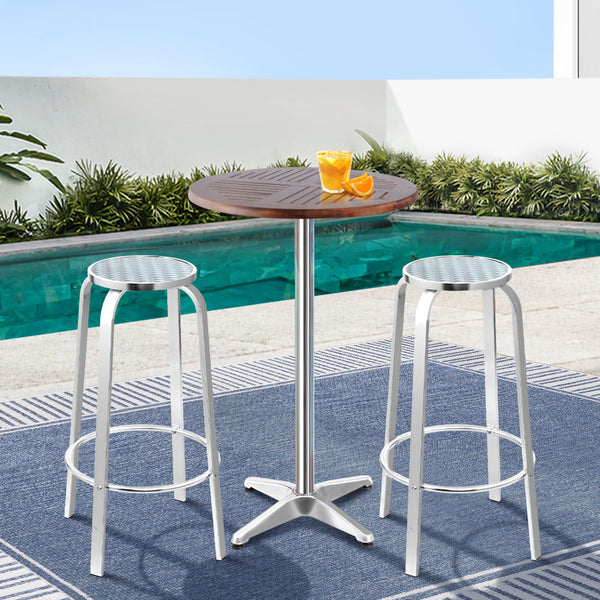 3-Piece Outdoor Bar Set Bistro Table Stools Adjustable Wooden Cafe