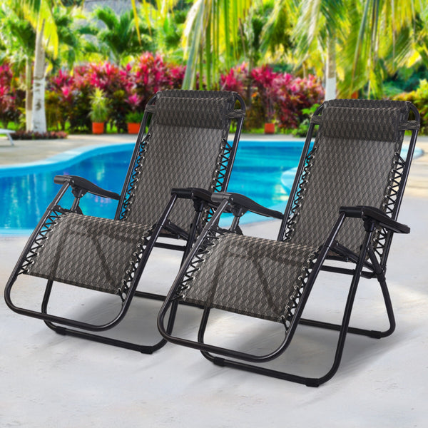  Zero Gravity Chairs 2PC Reclining Outdoor Furniture Sun Lounge Folding Camping Lounger Grey
