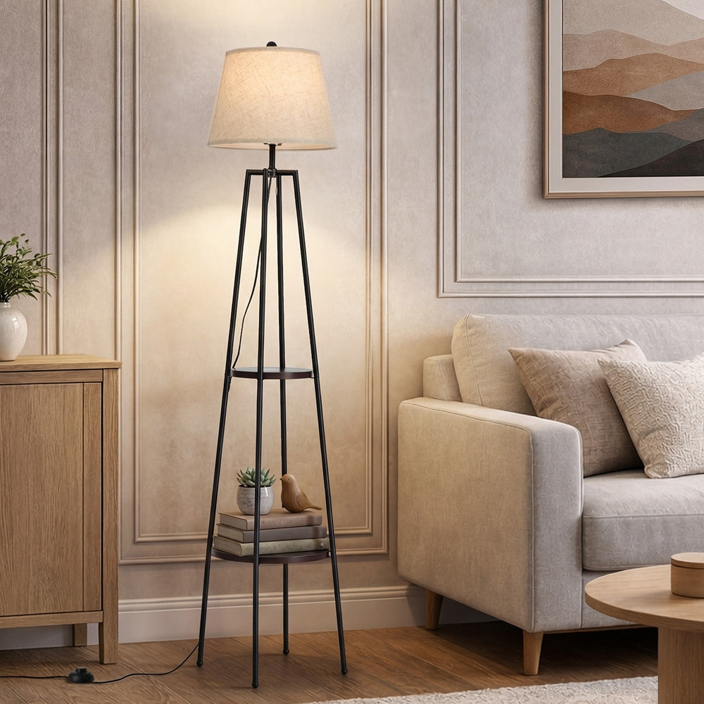 Floor Lamp With Fabric Shade Standing Light And Display Shelf Home Décor