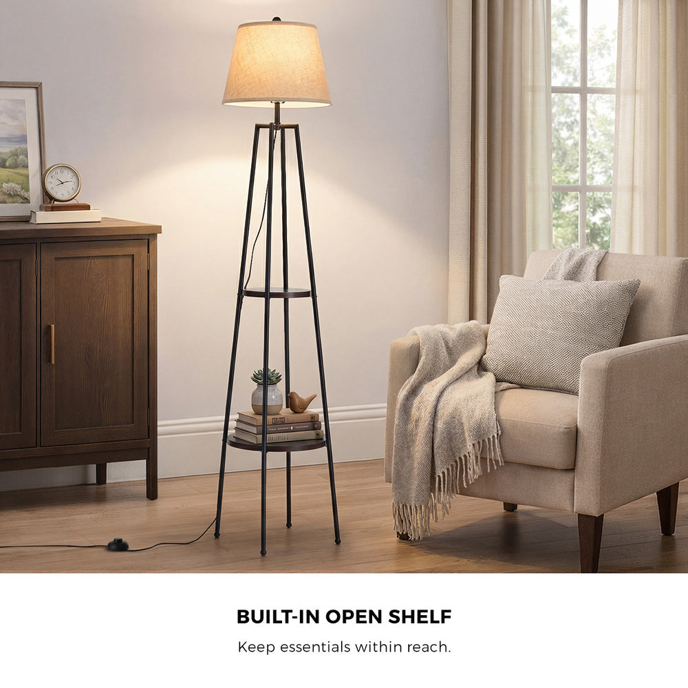 Floor Lamp With Fabric Shade Standing Light And Display Shelf Home Décor