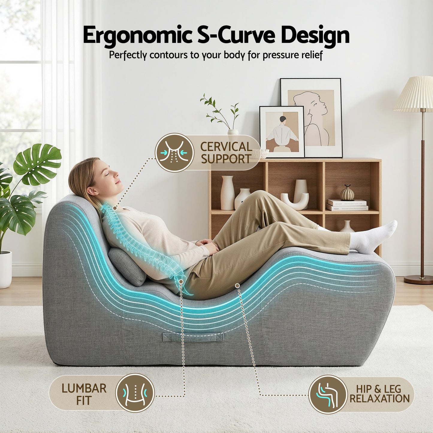 S-Curve Floor Lounger Chaise Chair Grey | HomeAndLiving - 4