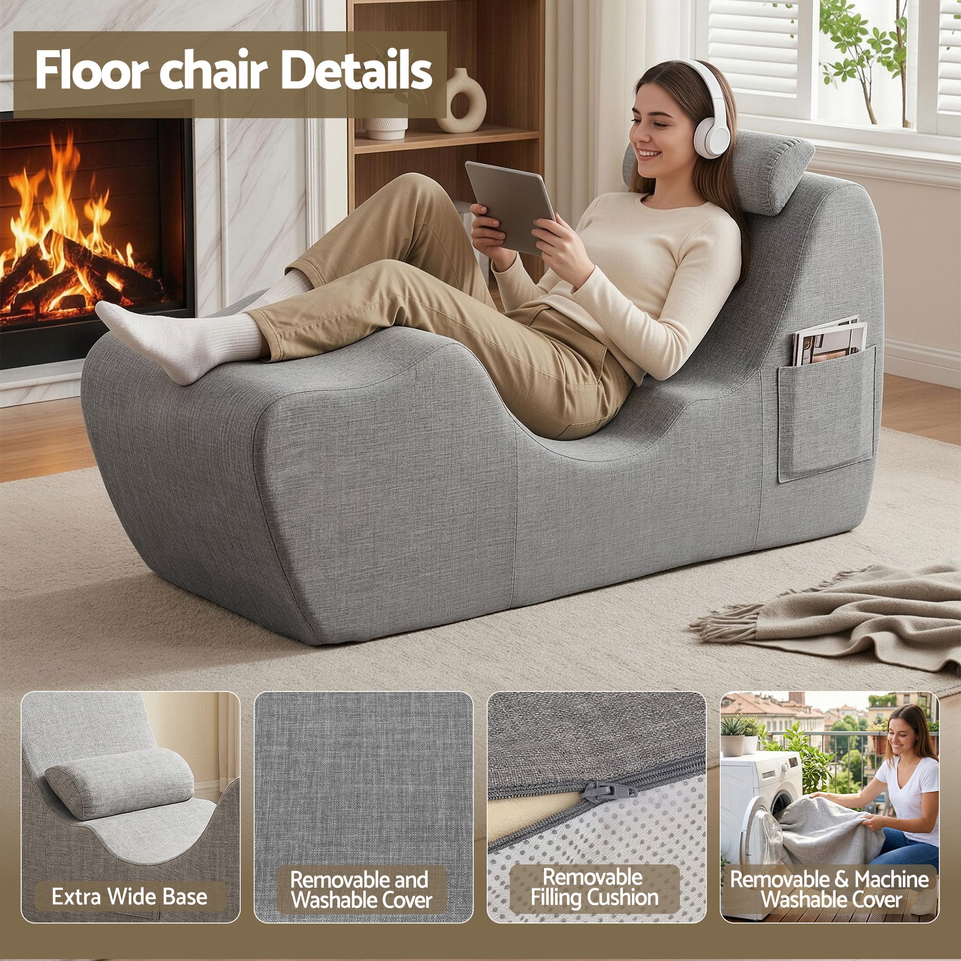 S-Curve Floor Lounger Chaise Chair Grey | HomeAndLiving - 8
