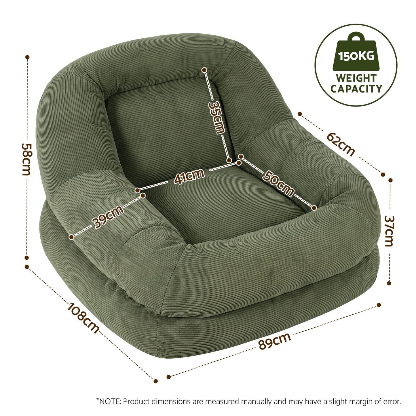 Green Corduroy Armchair Recliner 89x108x58cm