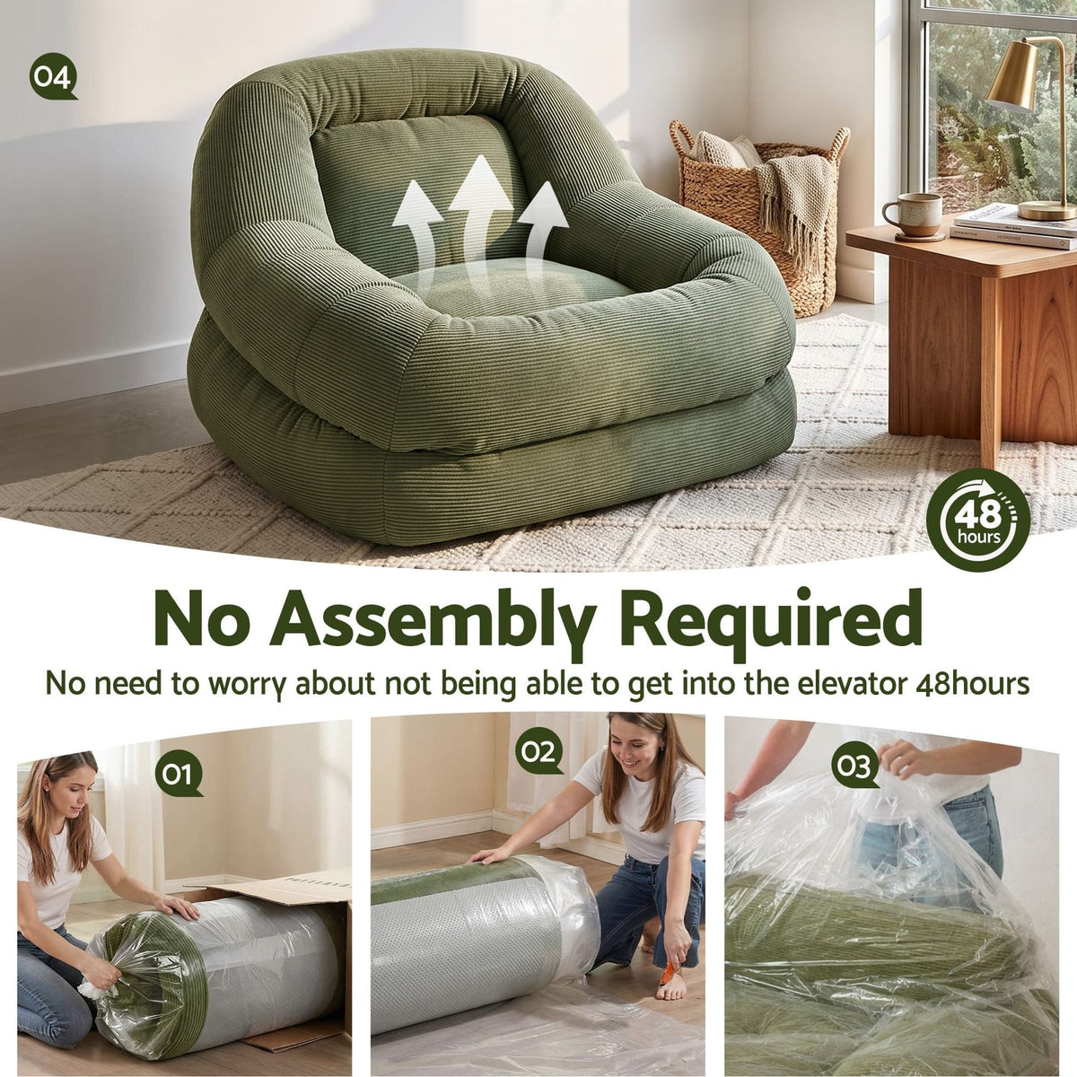Green Corduroy Armchair Recliner 89x108x58cm