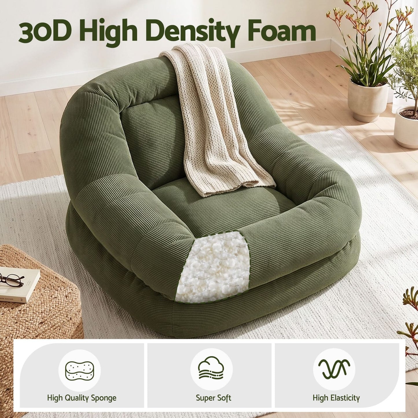 Green Corduroy Armchair Recliner 89x108x58cm