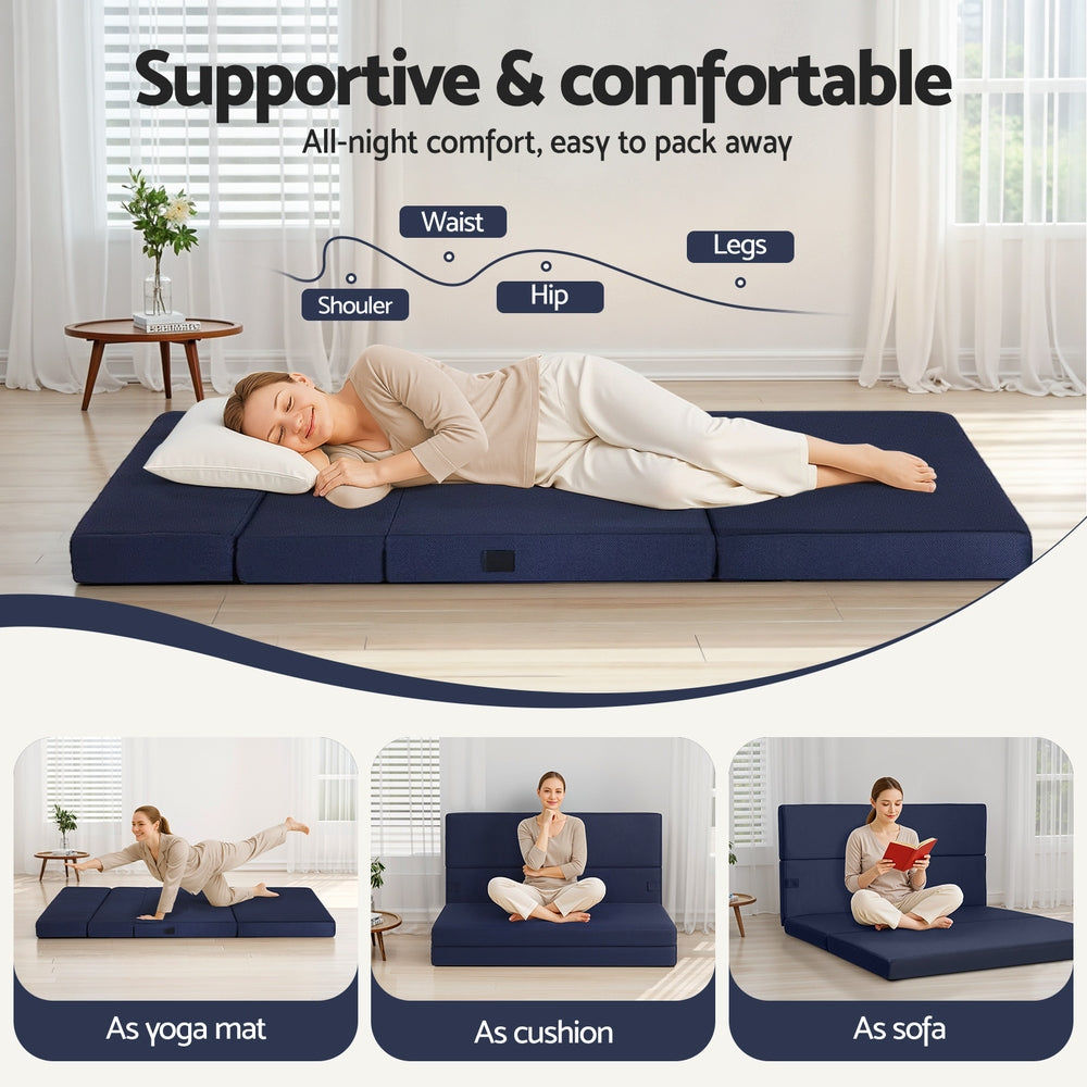 Foldable Mattress Folding Foam Mattresses Portable Floor Mat Blue Double