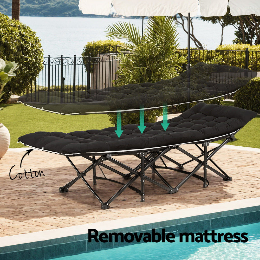 Folding Bed With Mattress Heavy Duty Black 185Cm Fabric Upholstery