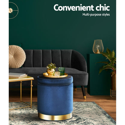 Ottoman Storage Foot Stool Round Velvet Navy