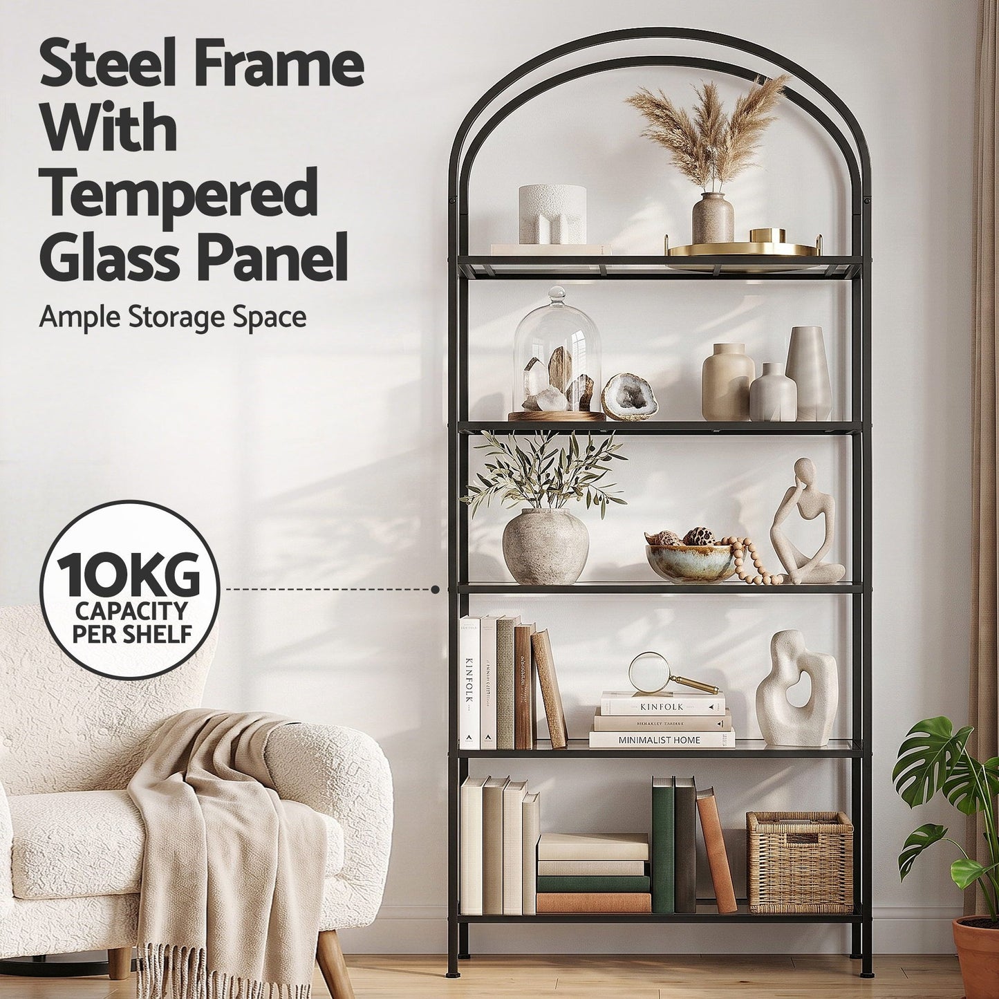 5 Tier Industrial Bookcase Glass Shelves | HomeAndLiving - 7