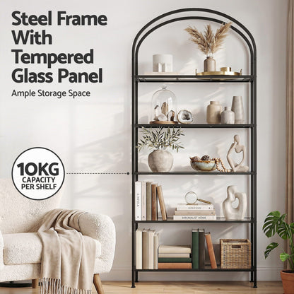 5 Tier Industrial Bookcase Glass Shelves | HomeAndLiving - 7