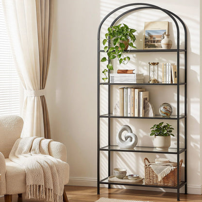 5 Tier Industrial Bookcase Glass Shelves | HomeAndLiving