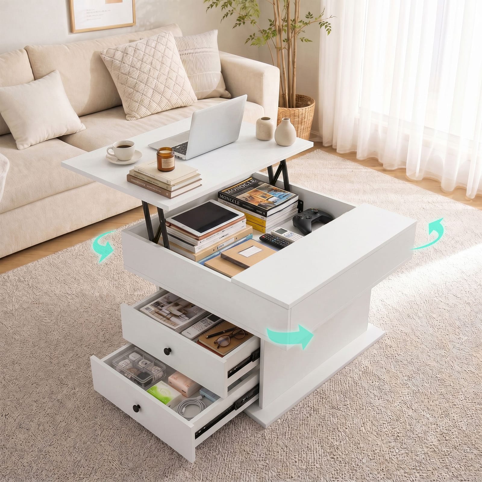 Lift Top Coffee Table Hidden Storage White | HomeAndLiving - 7
