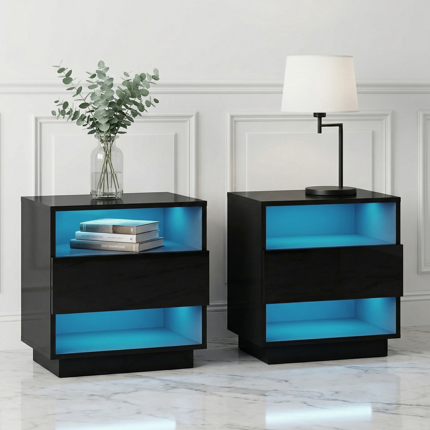 LED Bedside Tables 2 Pack 2 Shelves Black | HomeAndLiving