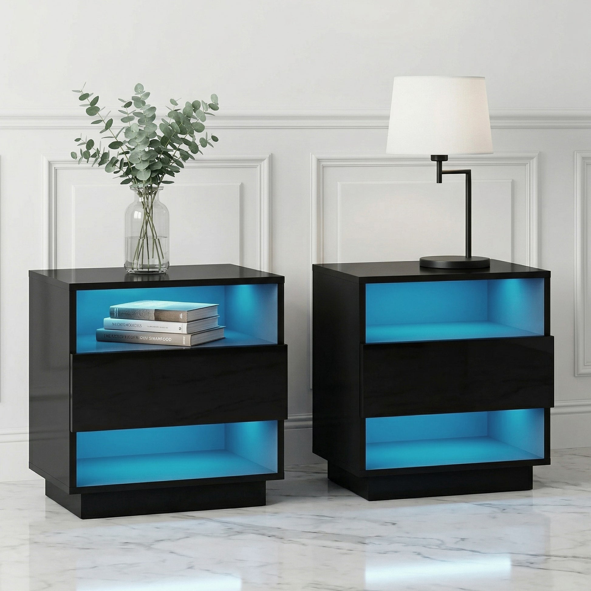 LED Bedside Tables 2 Pack 2 Shelves Black | HomeAndLiving