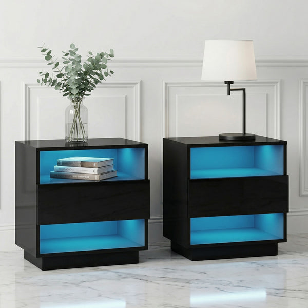  LED Bedside Tables 2 Pack 2 Shelves Black | HomeAndLiving