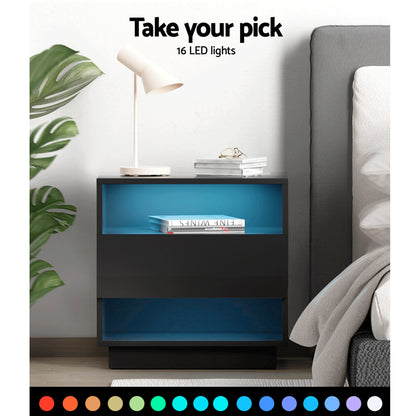 LED Bedside Tables 2 Pack 2 Shelves Black | HomeAndLiving