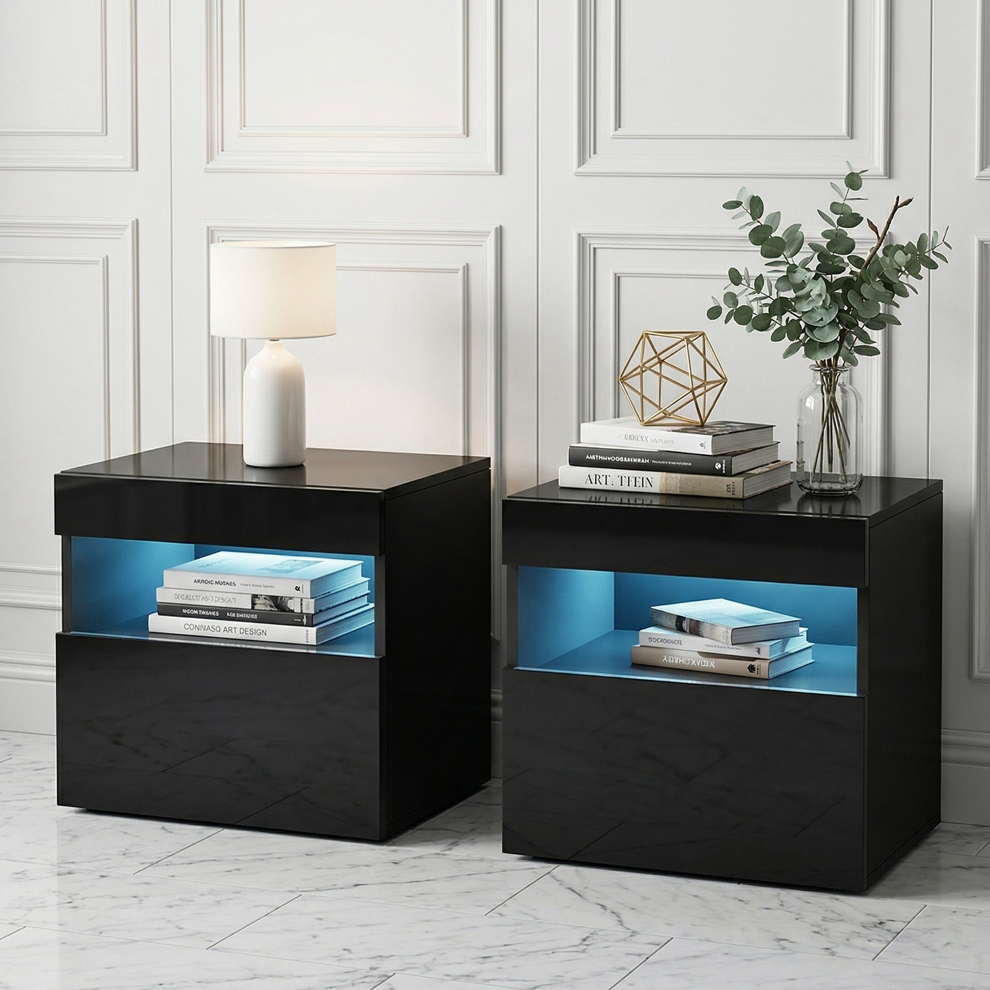 LED Bedside Tables Set 2 Black Drawers | HomeAndLiving