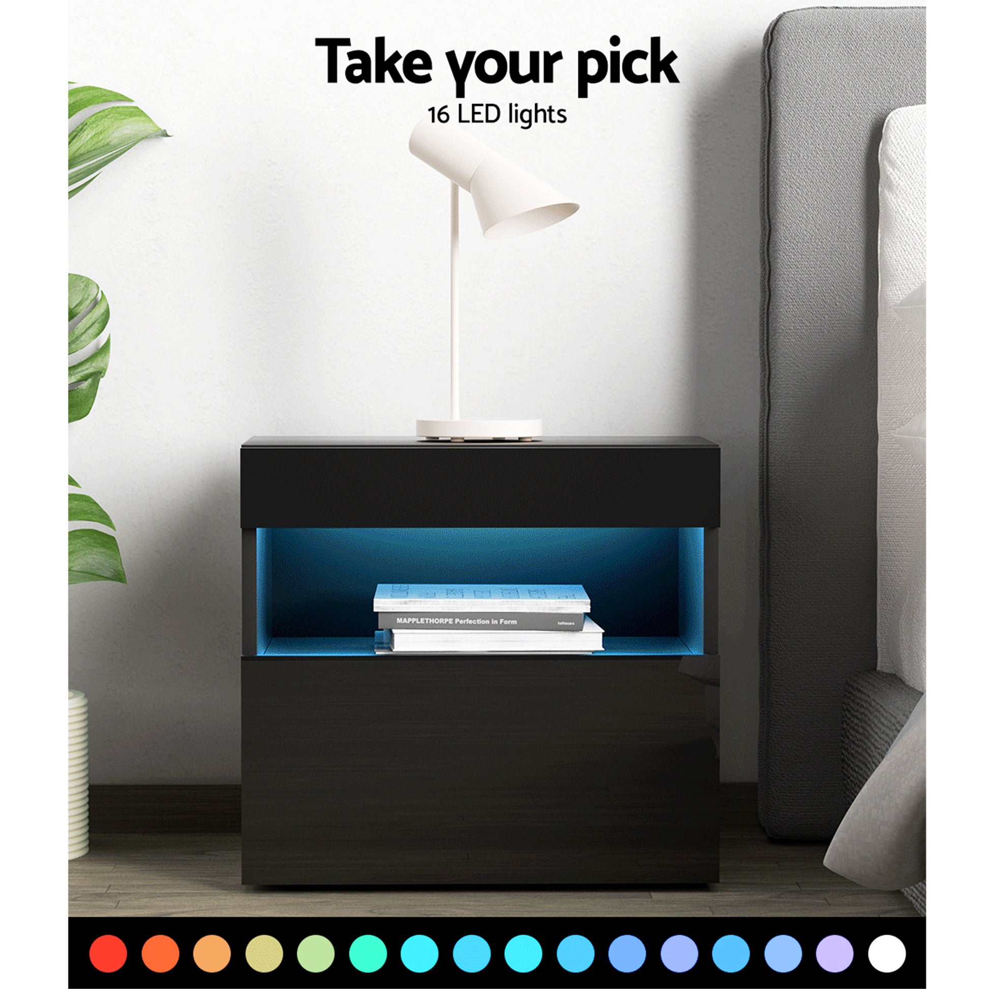 LED Bedside Tables Set 2 Black Drawers | HomeAndLiving