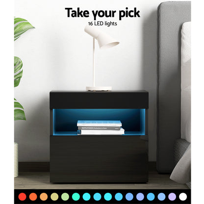 LED Bedside Tables Set 2 Black Drawers | HomeAndLiving
