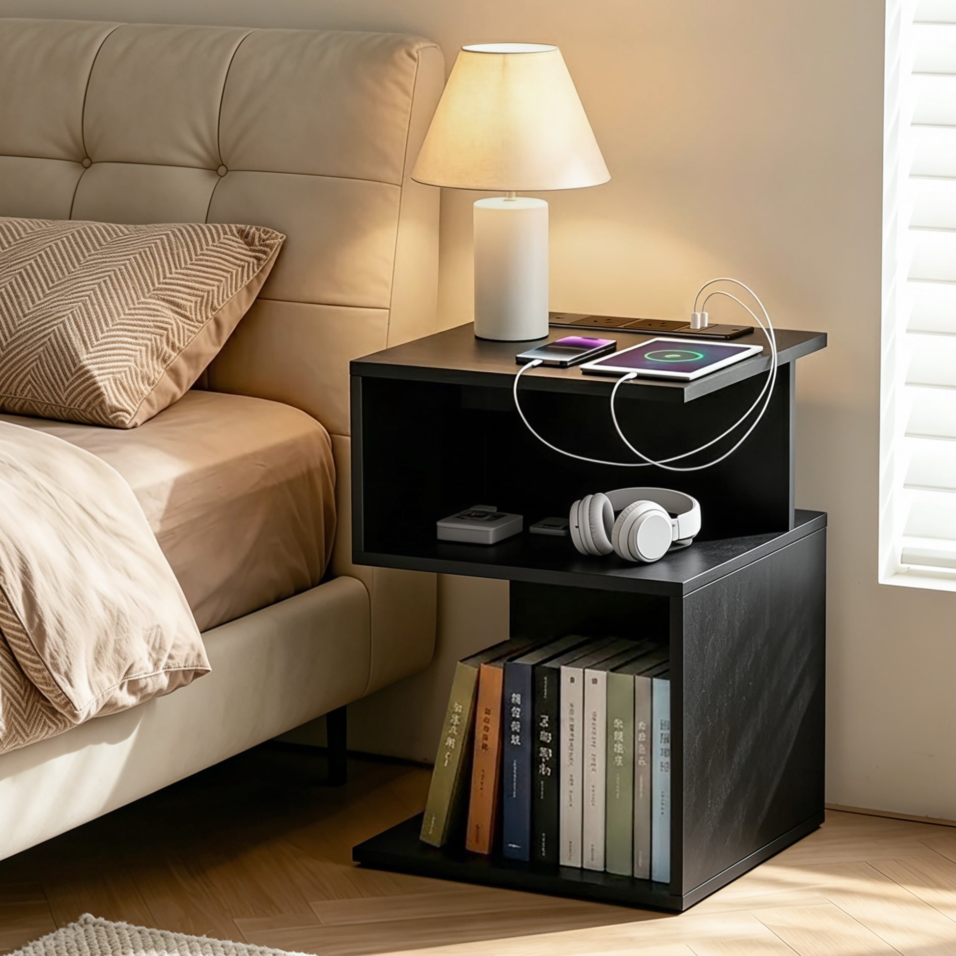 S-Shaped Bedside Table Charging Station Black | HomeAndLivin