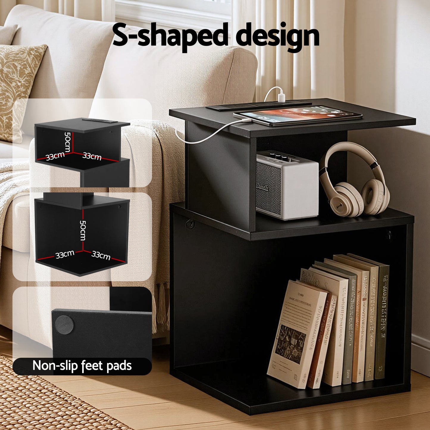 S-Shaped Bedside Table Charging Station Black | HomeAndLivin - 4