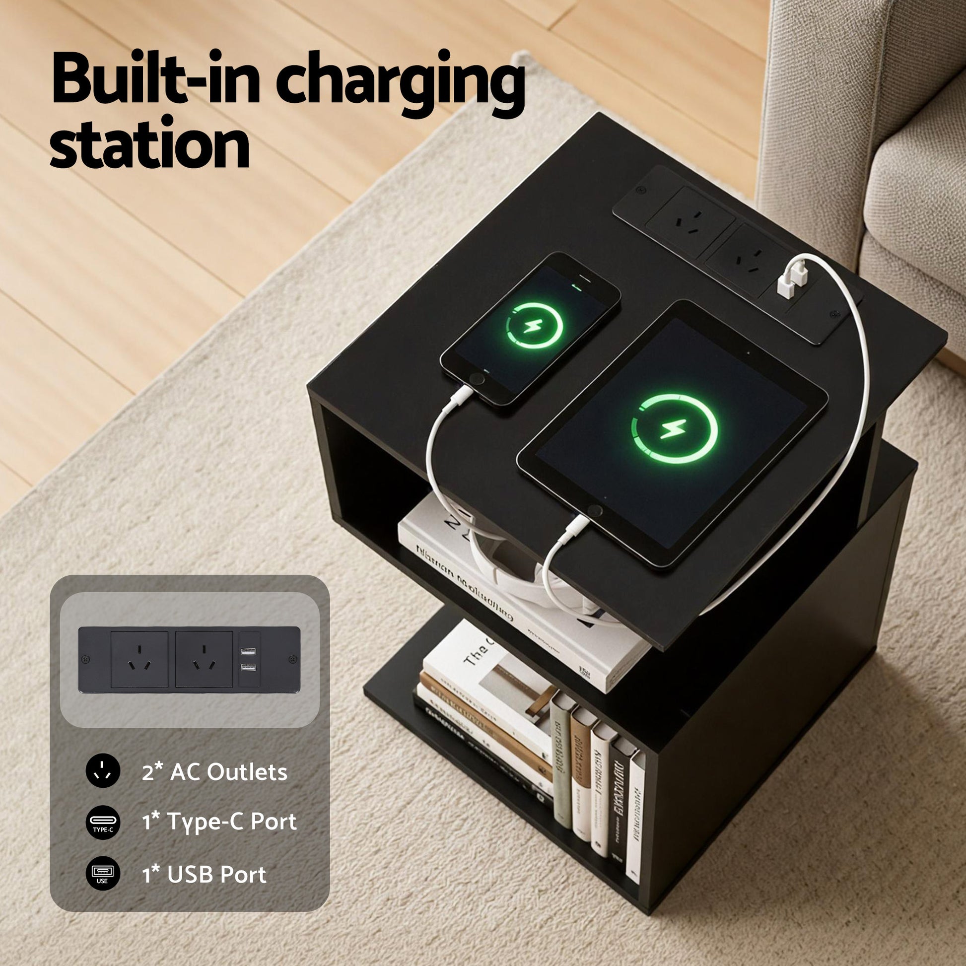 S-Shaped Bedside Table Charging Station Black | HomeAndLivin - 5
