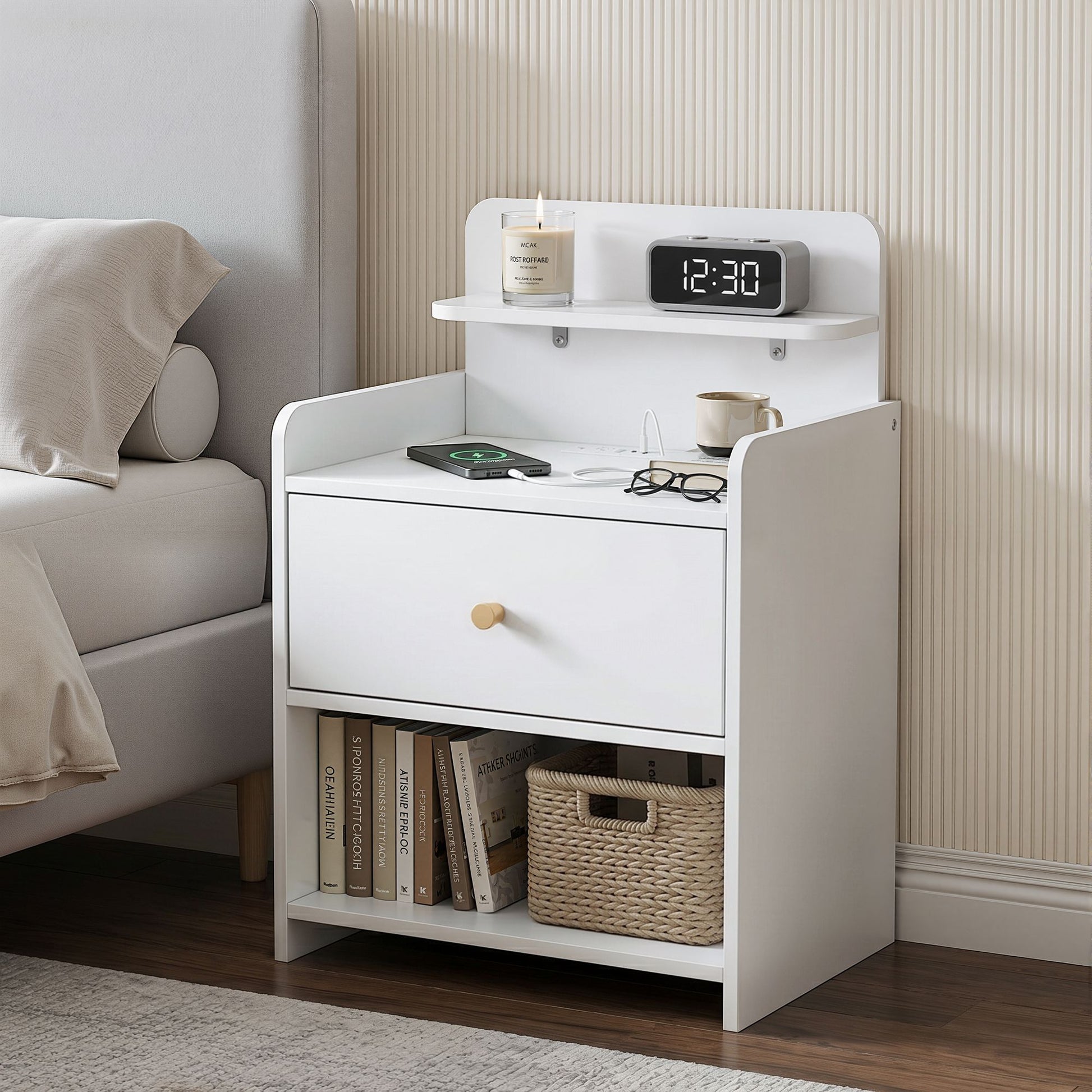 Bedside Table Charging Station Drawer White | HomeAndLiving
