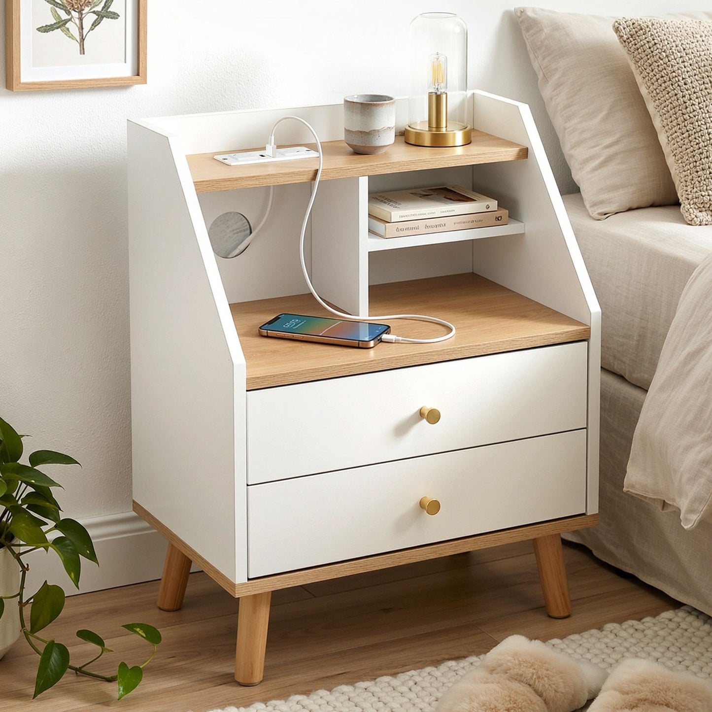 Bedside Table 2 Drawers Charging Station | HomeAndLiving