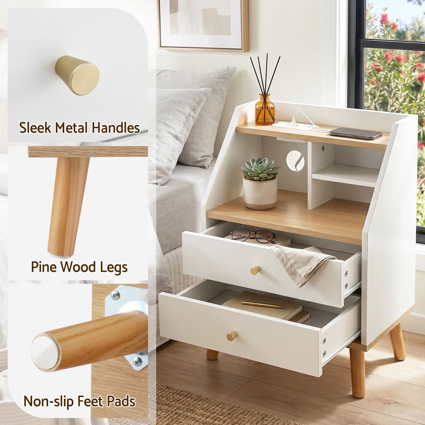 Bedside Table 2 Drawers Charging Station | HomeAndLiving - 8