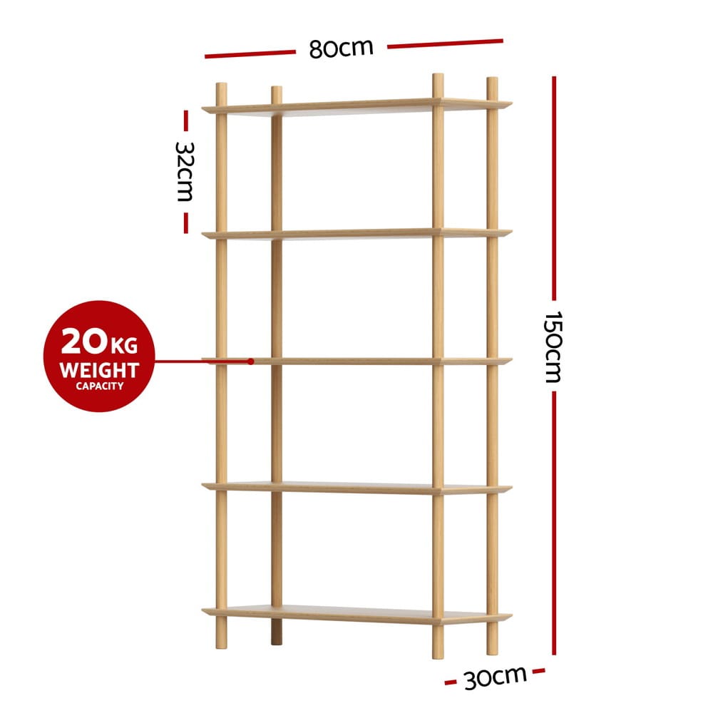 5 Tier Wooden Bookcase Shelf 80x30x150cm