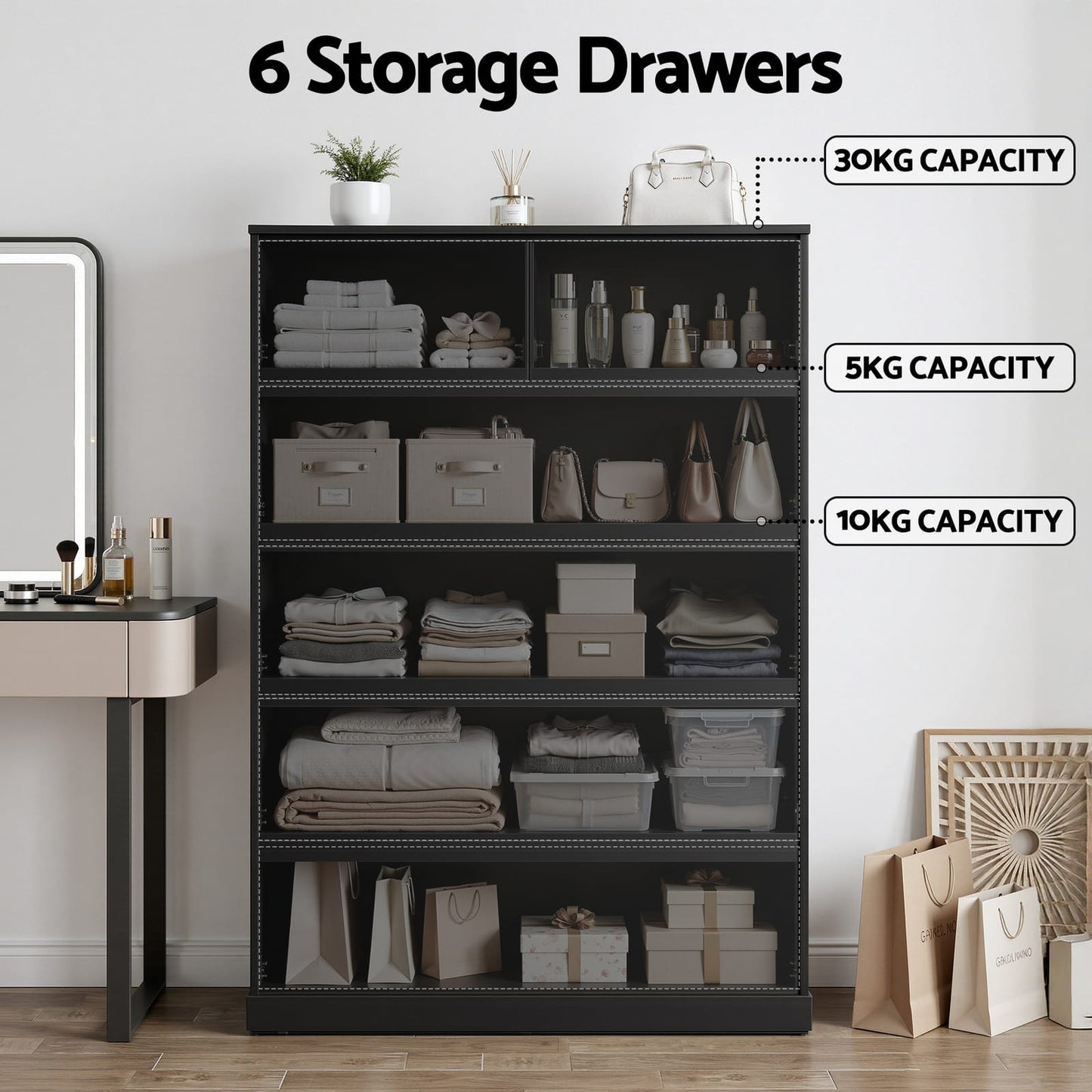 Tallboy Chest Black 6 Drawers 80x40x121cm
