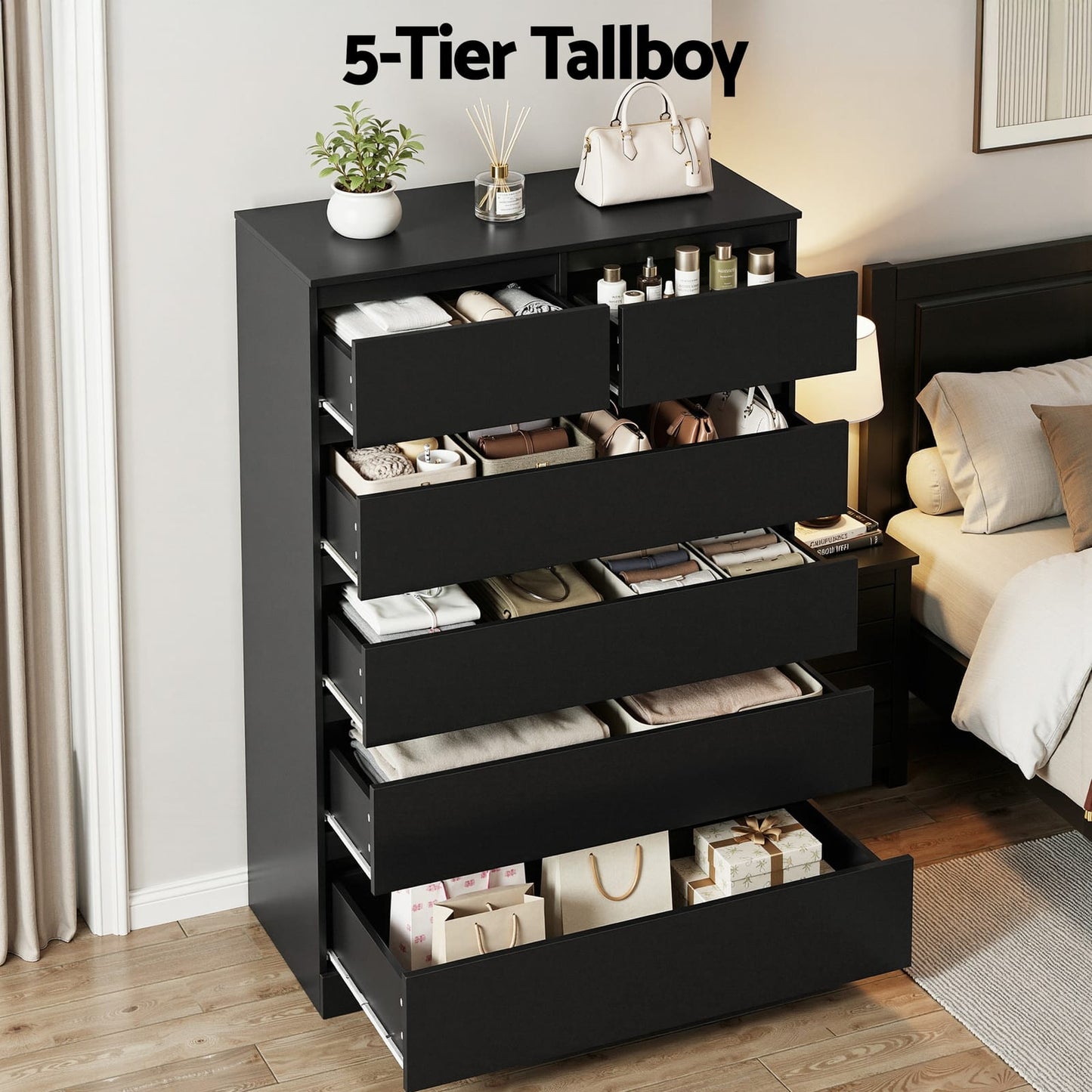 Tallboy Chest Black 6 Drawers 80x40x121cm