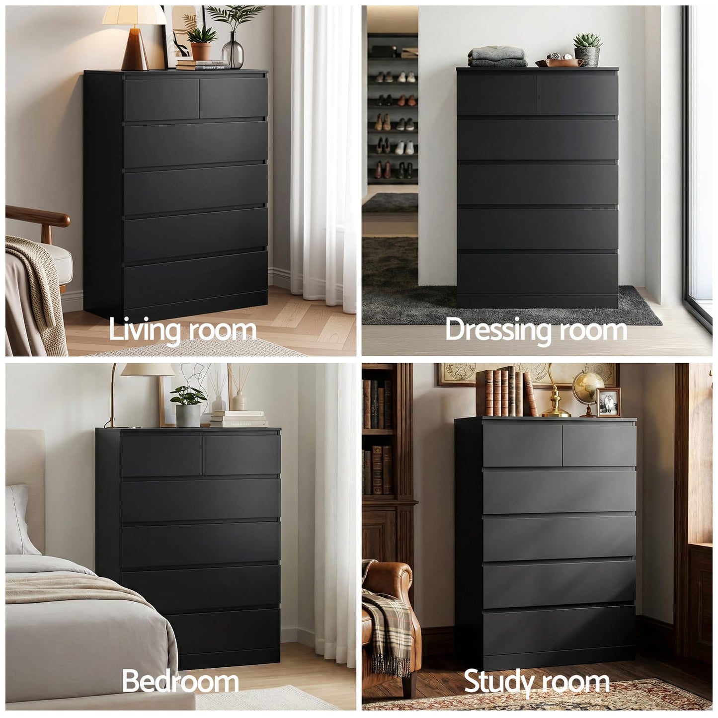 Tallboy Chest Black 6 Drawers 80x40x121cm