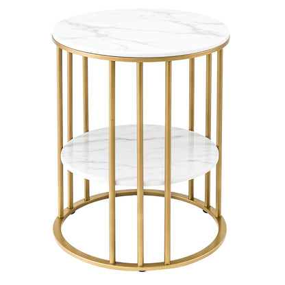 Coffee Table 2-Tier Round Marble Effect White&Gold