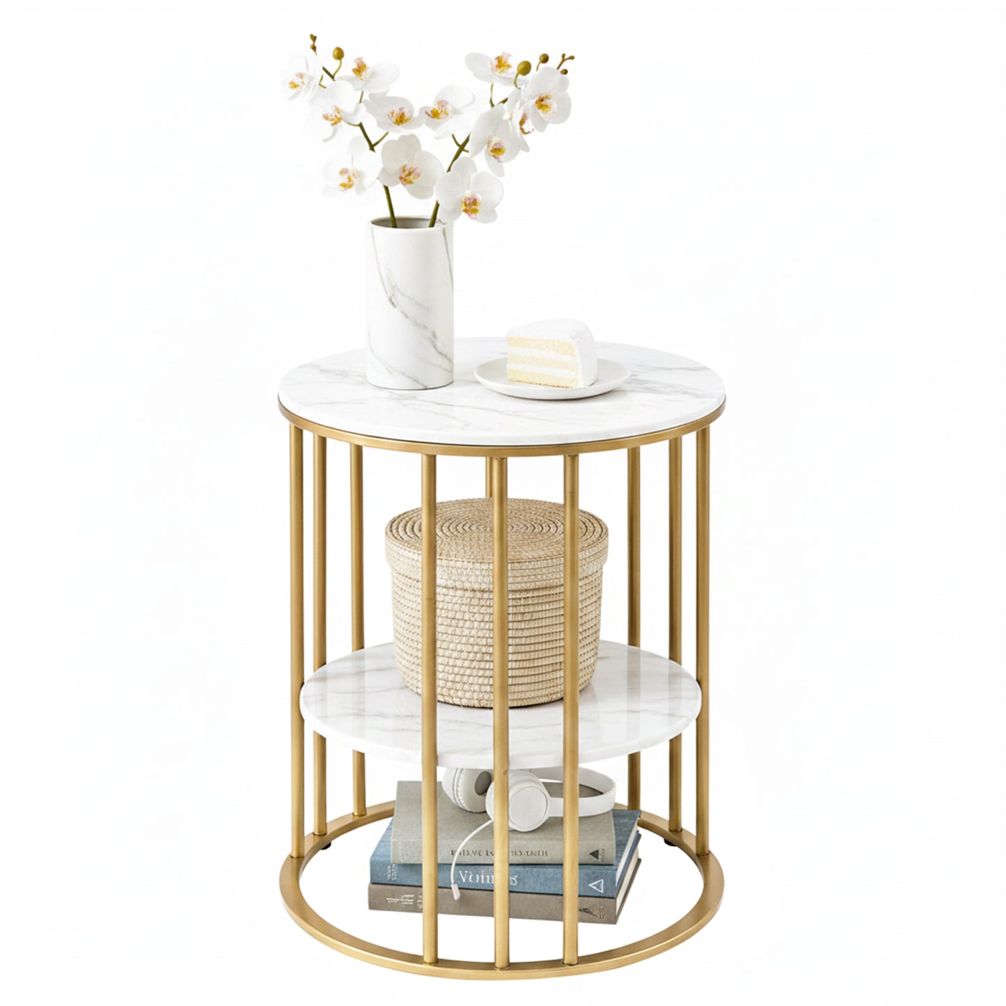 Coffee Table 2-Tier Round Marble Effect White&Gold